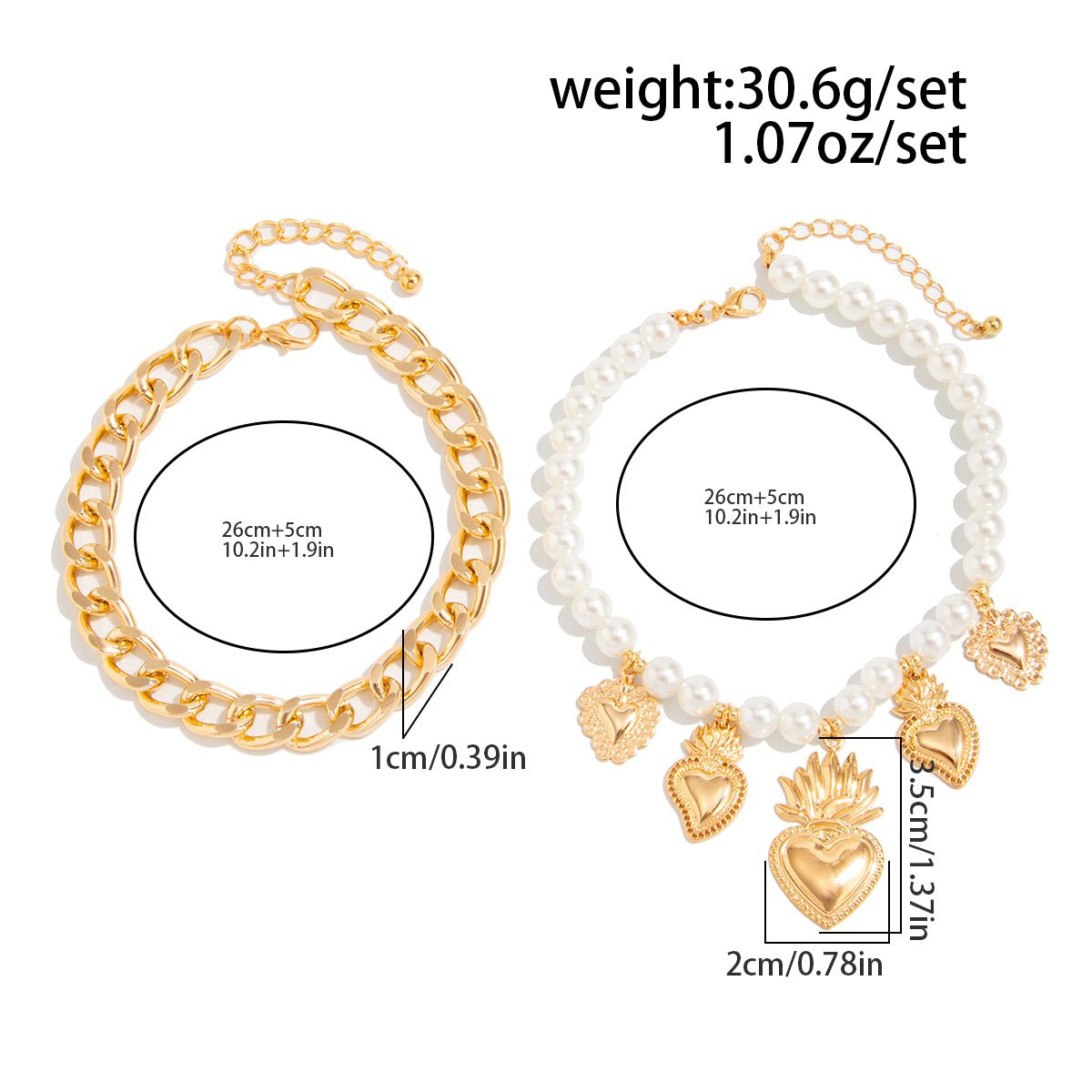 Stylish 2pcs Flame Heart Charm Pearl Chain Anklet Set - ArtGalleryZen