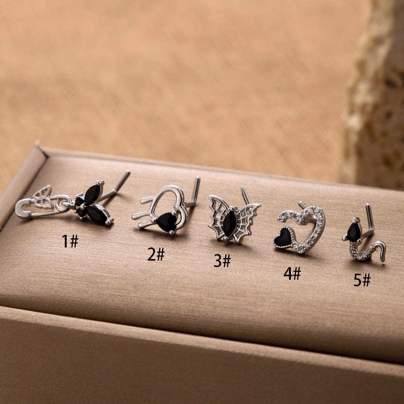 Stylish Black CZ Inlaid Stainless Steel Butterfly Spider Web Nose Piercing Nose Stud - ArtGalleryZen