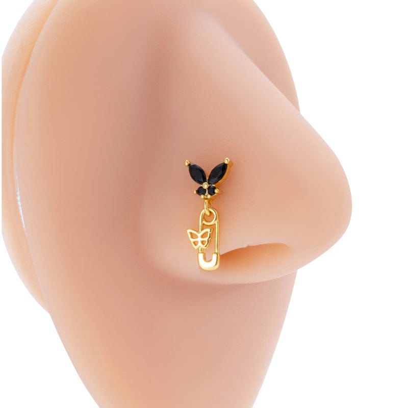 Stylish Black CZ Inlaid Stainless Steel Butterfly Spider Web Nose Piercing Nose Stud - ArtGalleryZen
