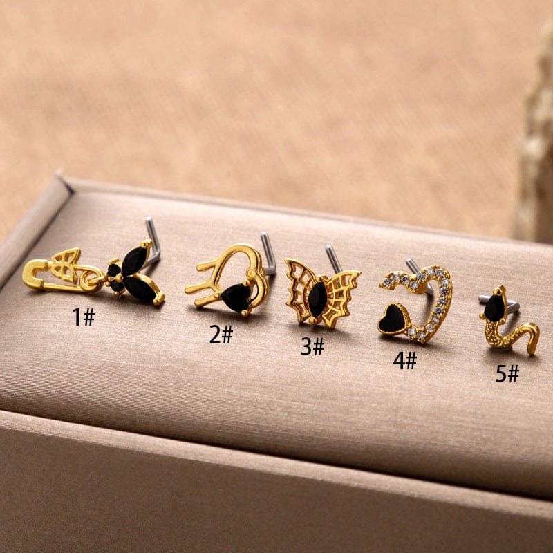 Stylish Black CZ Inlaid Stainless Steel Butterfly Spider Web Nose Piercing Nose Stud - ArtGalleryZen