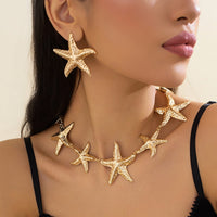 Thumbnail for Stylish Chunky Gold Silver Tone Starfish Necklace Earrings Set - ArtGalleryZen