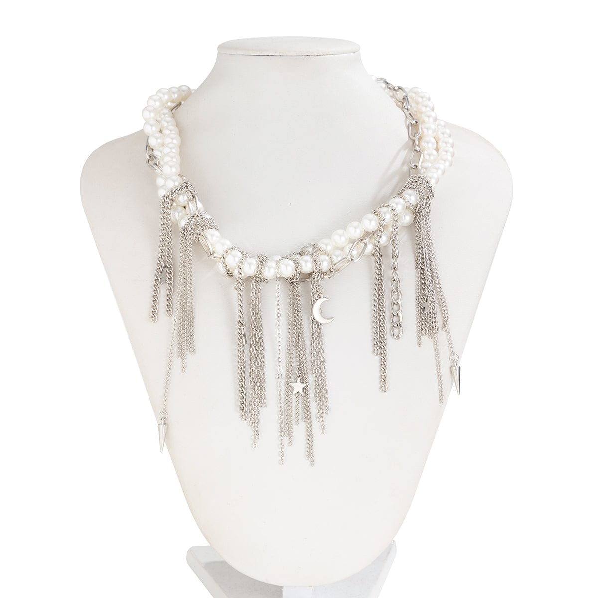 Stylish Layered Moon Star Chain Tassel Pearl Necklace - ArtGalleryZen