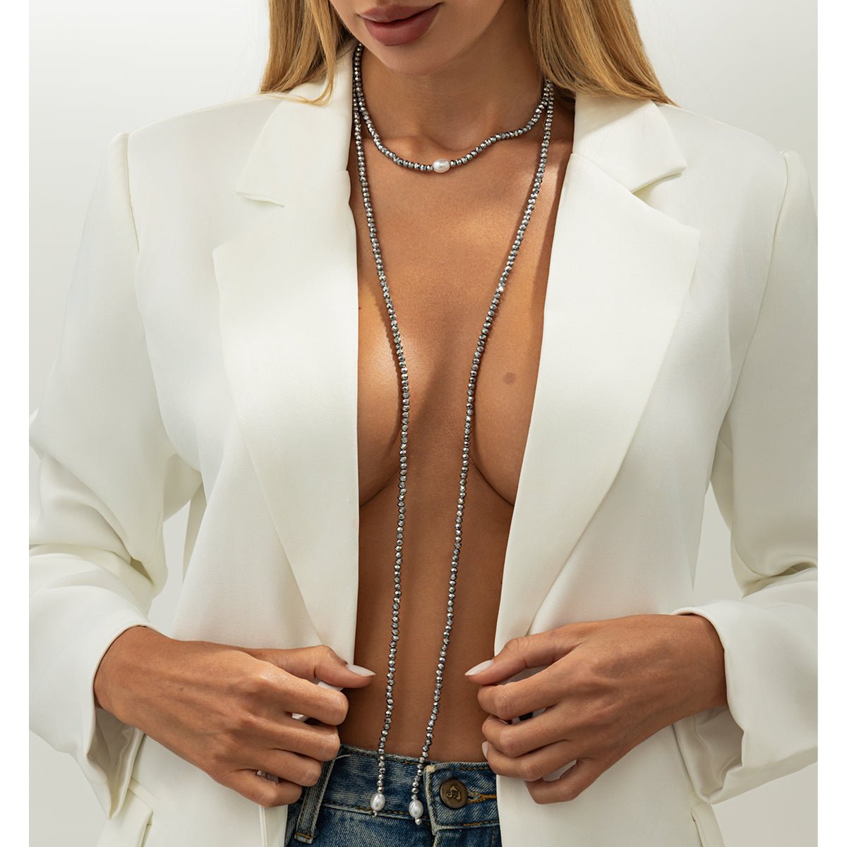 Stylish Pearl Crystal Beaded Long Chain Necklace - ArtGalleryZen