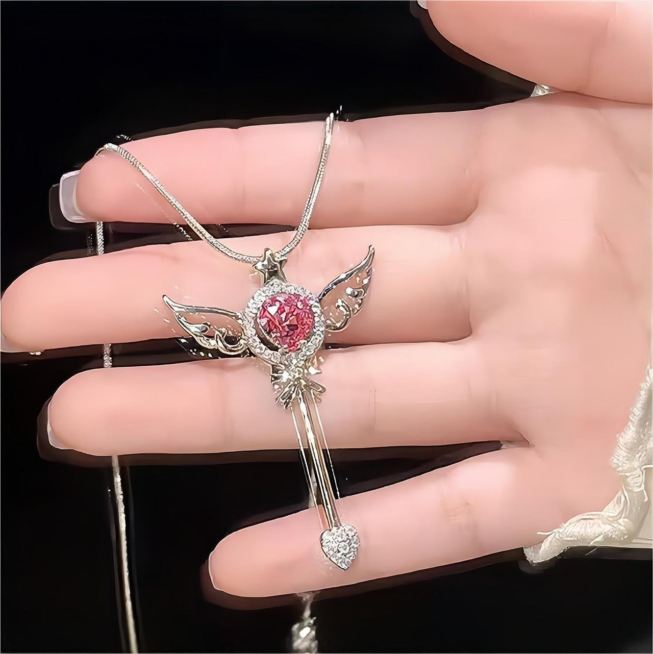 Swarovski Crystal Pink Heart Magic Wand Necklace - ArtGalleryZen