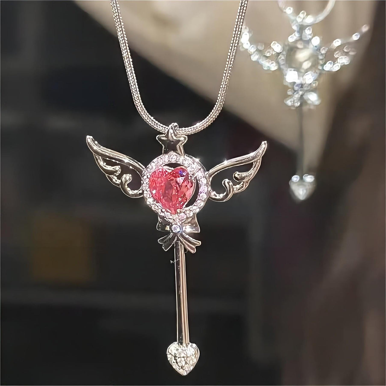 Swarovski Crystal Pink Heart Magic Wand Necklace - ArtGalleryZen