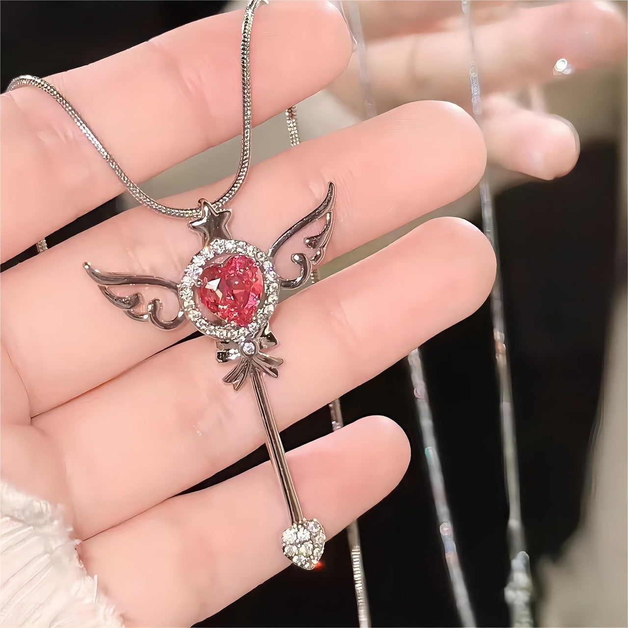 Swarovski Crystal Pink Heart Magic Wand Necklace - ArtGalleryZen