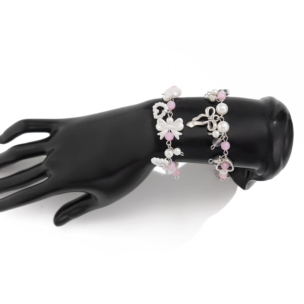 Sweet 2pcs Bowknot Heart Charm Pearl Crystal Chain Bracelet Set - ArtGalleryZen
