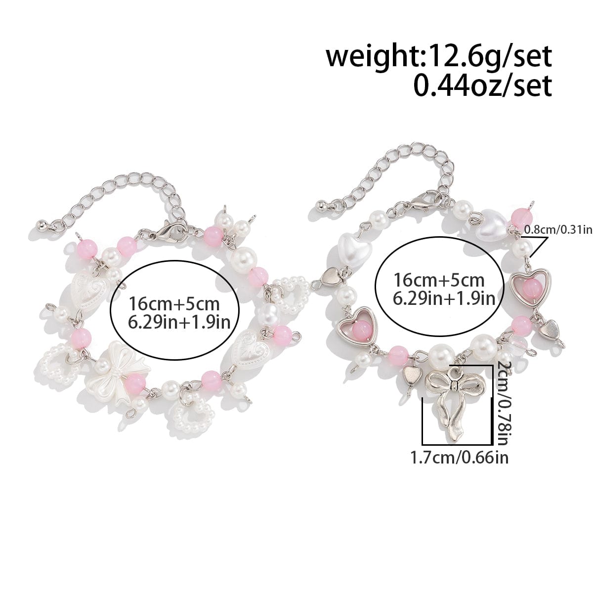 Sweet 2pcs Bowknot Heart Charm Pearl Crystal Chain Bracelet Set - ArtGalleryZen