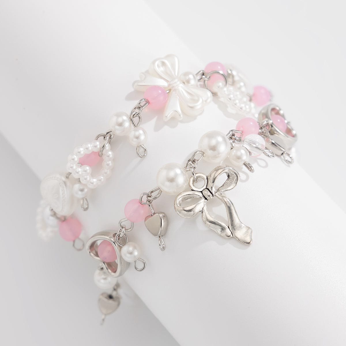 Sweet 2pcs Bowknot Heart Charm Pearl Crystal Chain Bracelet Set - ArtGalleryZen