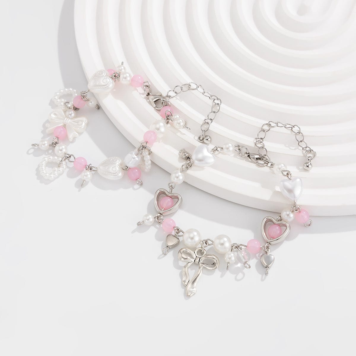 Sweet 2pcs Bowknot Heart Charm Pearl Crystal Chain Bracelet Set - ArtGalleryZen