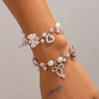 Thumbnail for Sweet 2pcs Bowknot Heart Charm Pearl Crystal Chain Bracelet Set - ArtGalleryZen