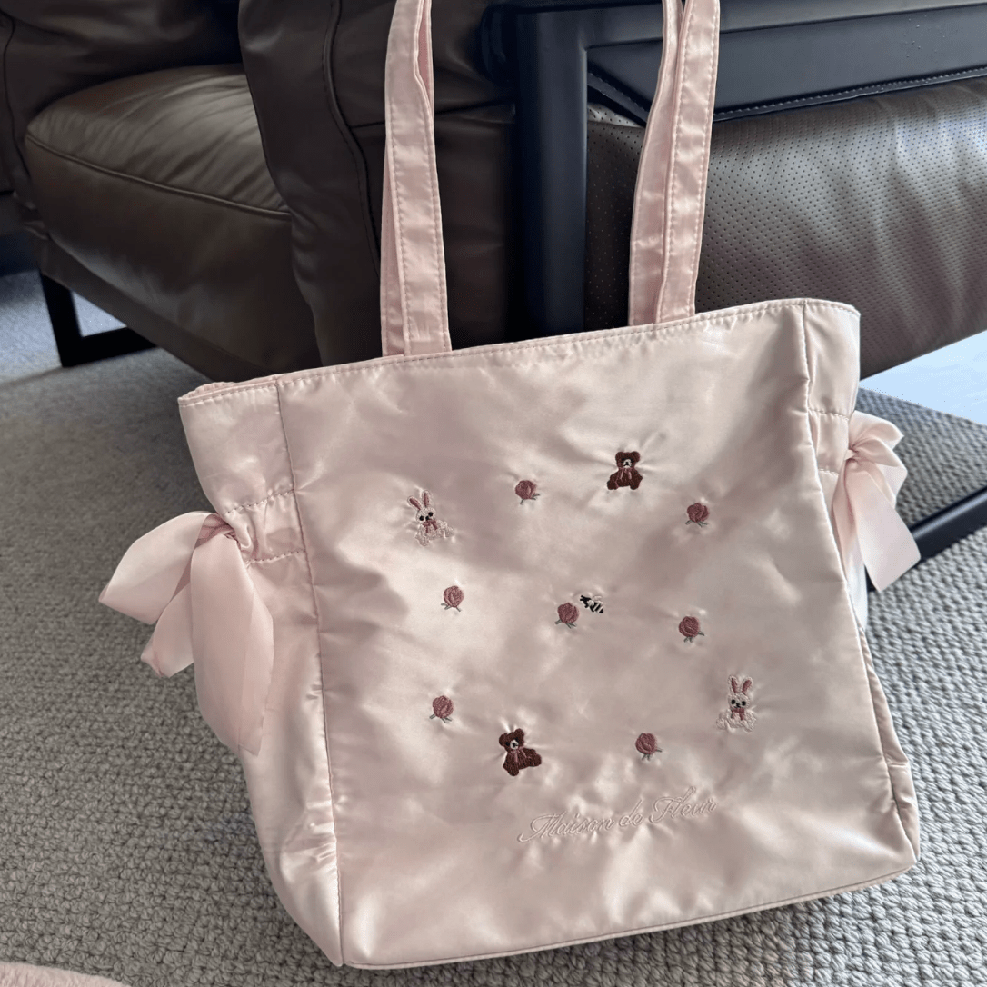Sweet Bunny Bear Rose Embroidery Bowknot Shoulder Bag - ArtGalleryZen