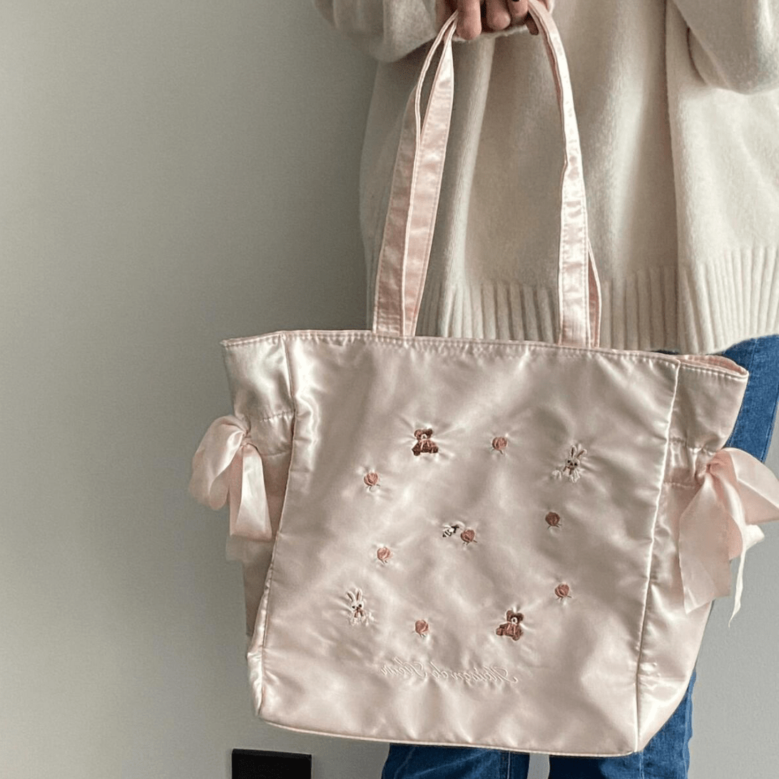 Sweet Bunny Bear Rose Embroidery Bowknot Shoulder Bag - ArtGalleryZen