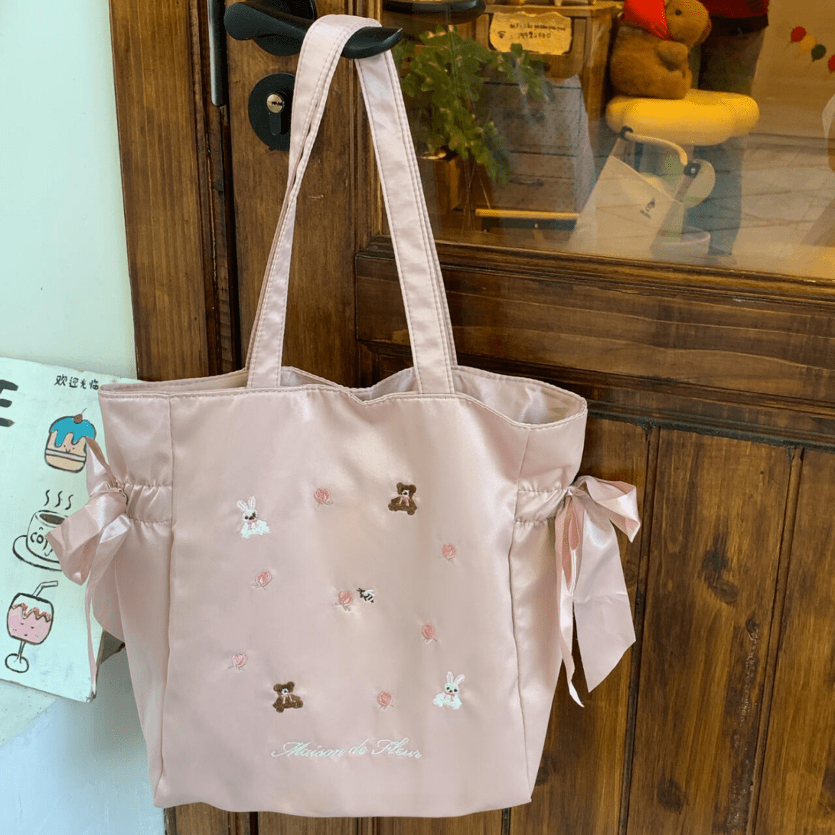 Sweet Bunny Bear Rose Embroidery Bowknot Shoulder Bag - ArtGalleryZen