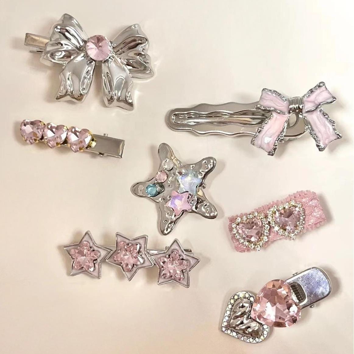 Sweet Crystal Inlaid Enamel Star Heart Bowknot Hair Clips Set - ArtGalleryZen