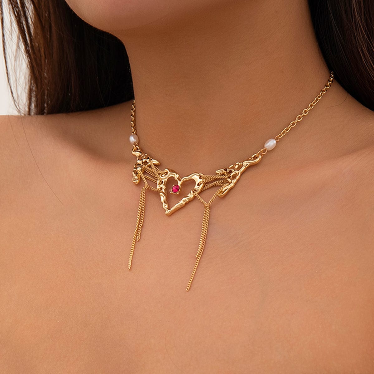 Sweet Cubic Zirconia Inlaid Heart Pendant Tassel Necklace - ArtGalleryZen