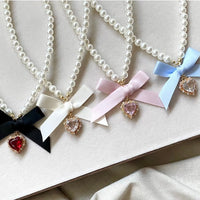 Thumbnail for Sweet CZ Inlaid Heart Ribbon Bowknot Pendant Pearl Chain Necklace - ArtGalleryZen
