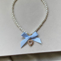 Thumbnail for Sweet CZ Inlaid Heart Ribbon Bowknot Pendant Pearl Chain Necklace - ArtGalleryZen