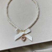 Thumbnail for Sweet CZ Inlaid Heart Ribbon Bowknot Pendant Pearl Chain Necklace - ArtGalleryZen