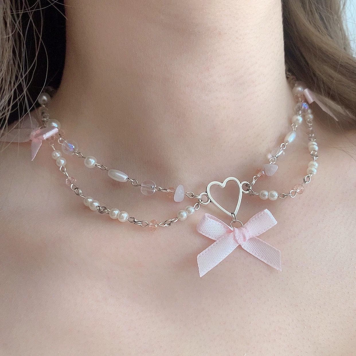 Sweet Layered Bowknot Heart Charm Pearl Chain Necklace - ArtGalleryZen
