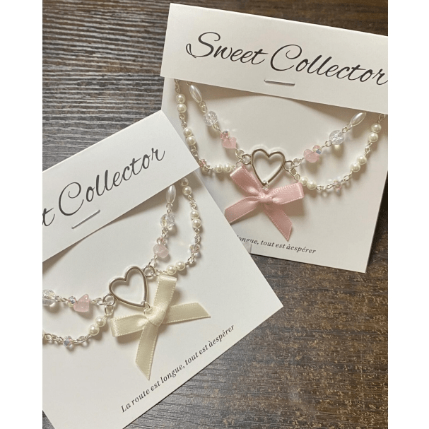 Sweet Layered Bowknot Heart Charm Pearl Chain Necklace - ArtGalleryZen