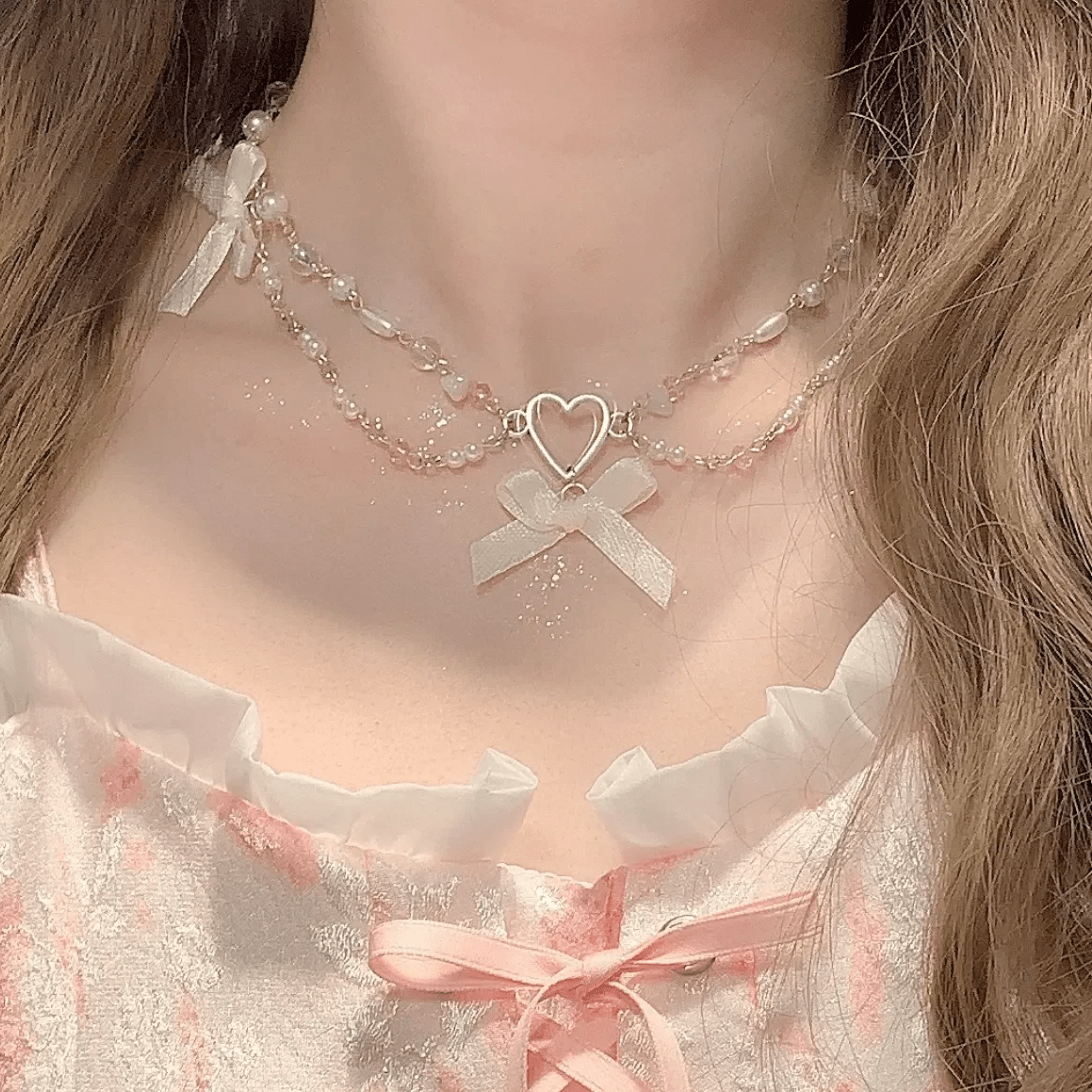 Sweet Layered Bowknot Heart Charm Pearl Chain Necklace - ArtGalleryZen