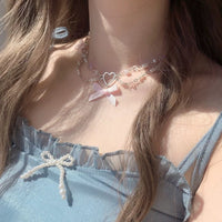 Thumbnail for Sweet Layered Bowknot Heart Charm Pearl Chain Necklace - ArtGalleryZen