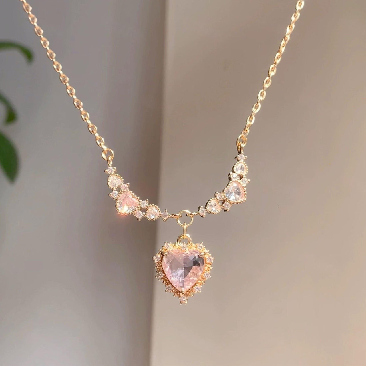 Sweet Pink Crystal Heart Pendant CZ Inlaid Necklace - ArtGalleryZen
