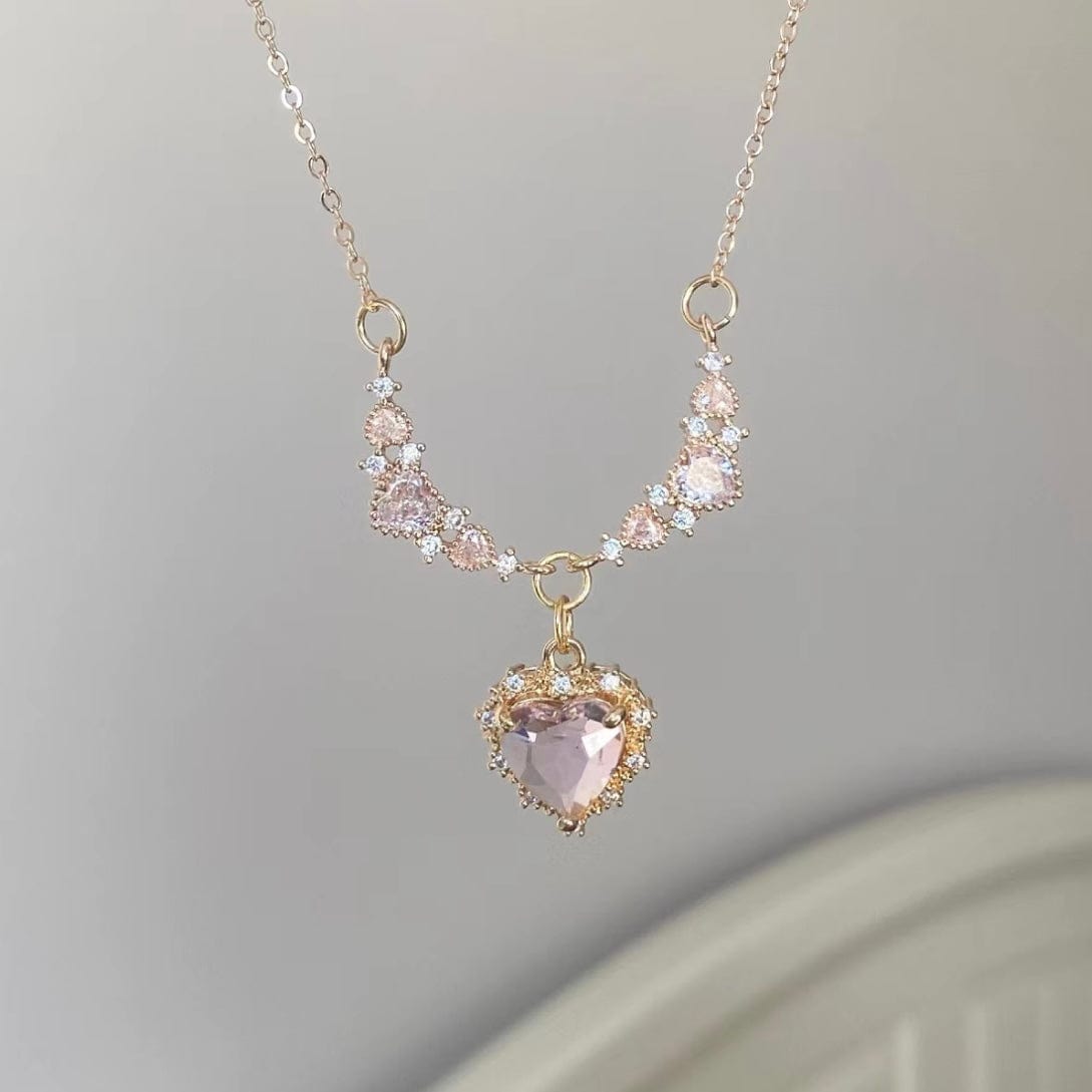 Sweet Pink Crystal Heart Pendant CZ Inlaid Necklace - ArtGalleryZen