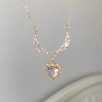 Thumbnail for Sweet Pink Crystal Heart Pendant CZ Inlaid Necklace - ArtGalleryZen