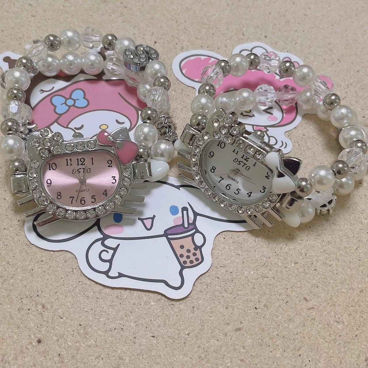 Sweet Rhinestone Inlaid Cupid Charm Pearl Chain Hello Kitty Watch - ArtGalleryZen