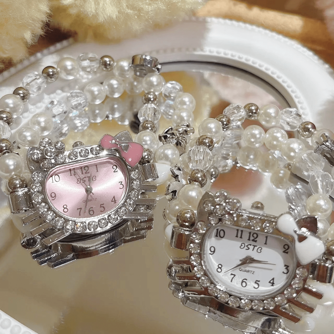 Sweet Rhinestone Inlaid Cupid Charm Pearl Chain Hello Kitty Watch - ArtGalleryZen