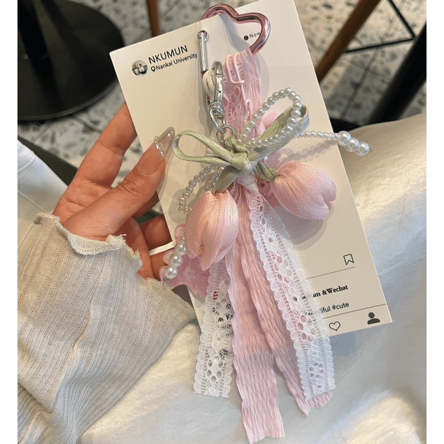 Sweet Tulip Bowknot Pearl Lace Charm Heart Keychain - ArtGalleryZen