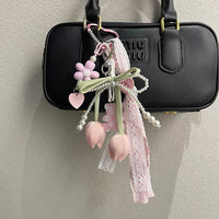 Thumbnail for Sweet Tulip Bowknot Pearl Lace Charm Heart Keychain - ArtGalleryZen