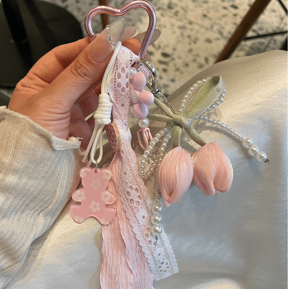 Sweet Tulip Bowknot Pearl Lace Charm Heart Keychain - ArtGalleryZen