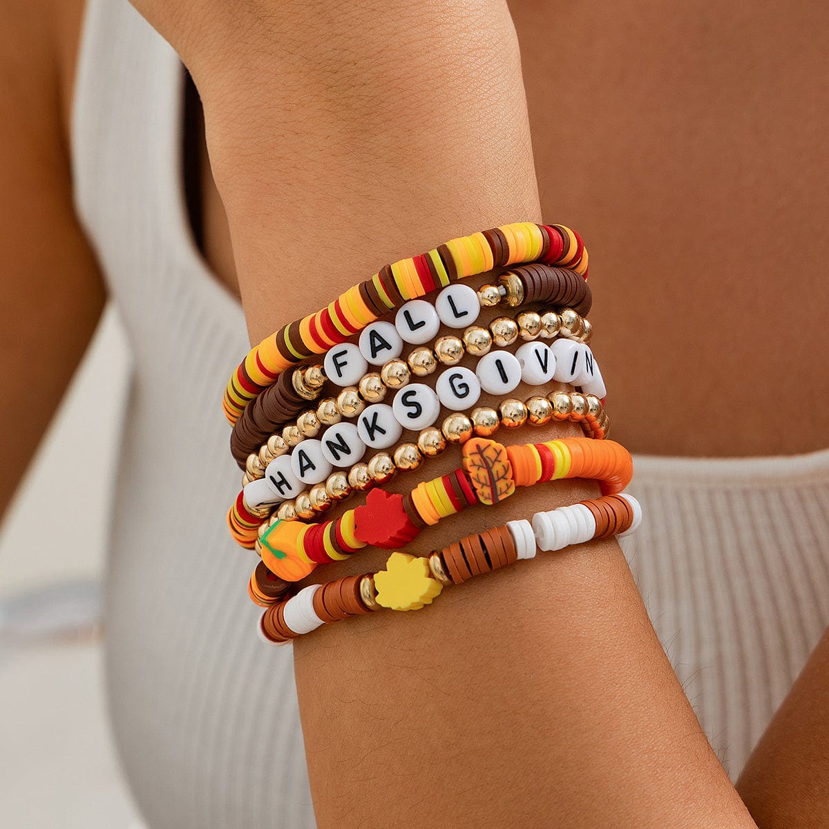 Thanksgiving 5pcs Maple Leaf Pumpkin Charm Letter Polymer Clay Beaded Bracelet Set - ArtGalleryZen