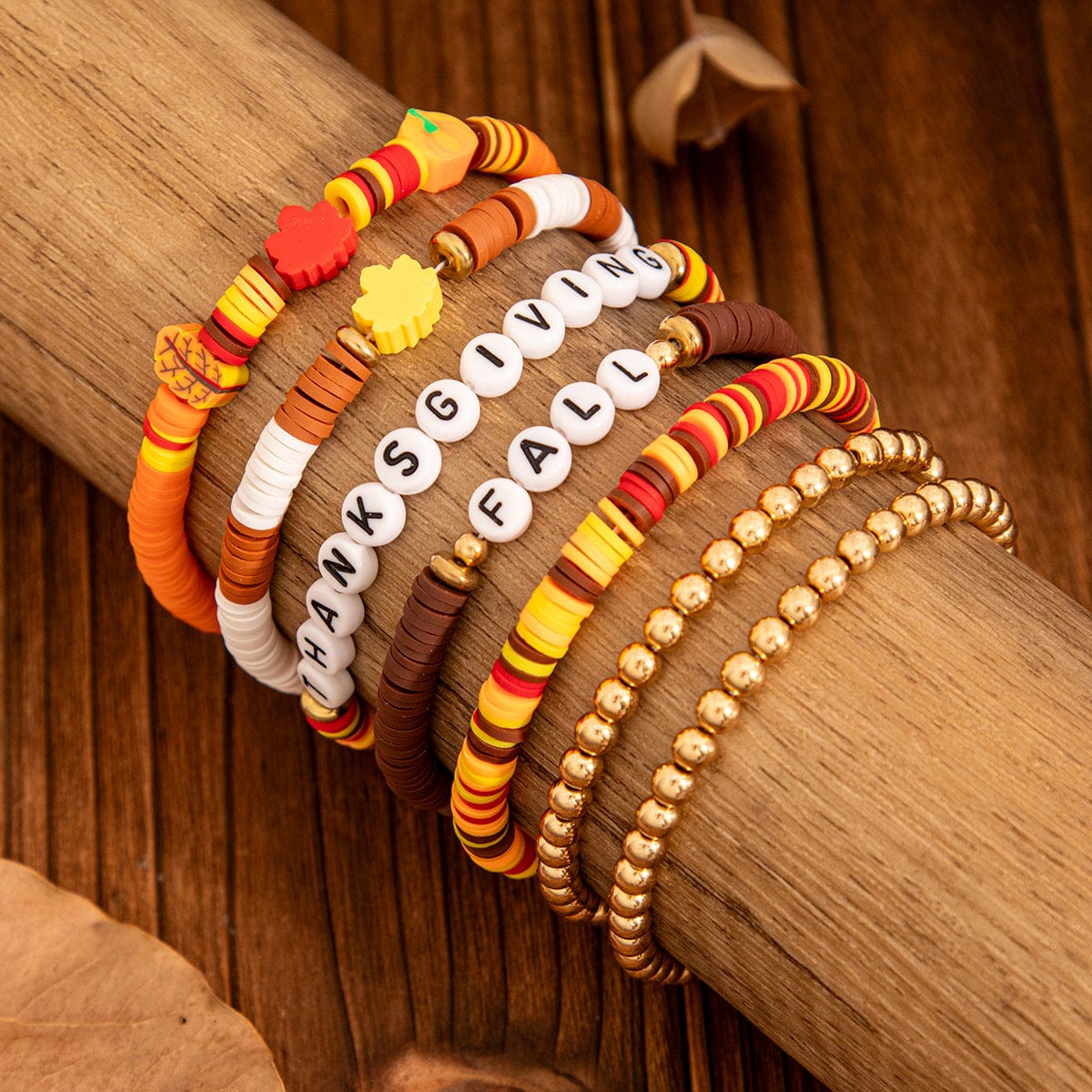 Thanksgiving 5pcs Maple Leaf Pumpkin Charm Letter Polymer Clay Beaded Bracelet Set - ArtGalleryZen