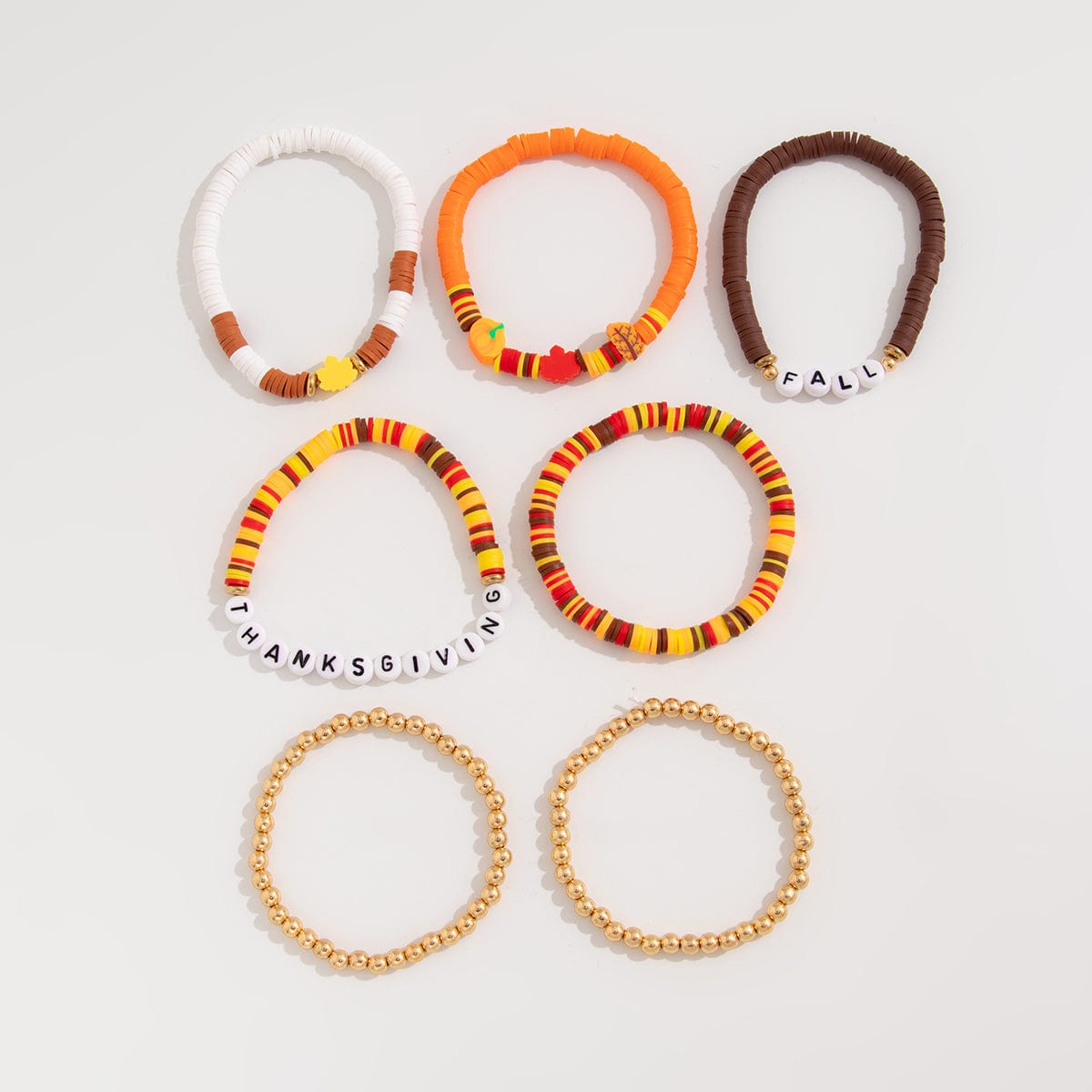 Thanksgiving 5pcs Maple Leaf Pumpkin Charm Letter Polymer Clay Beaded Bracelet Set - ArtGalleryZen