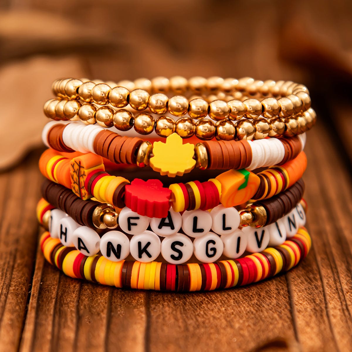 Thanksgiving 5pcs Maple Leaf Pumpkin Charm Letter Polymer Clay Beaded Bracelet Set - ArtGalleryZen