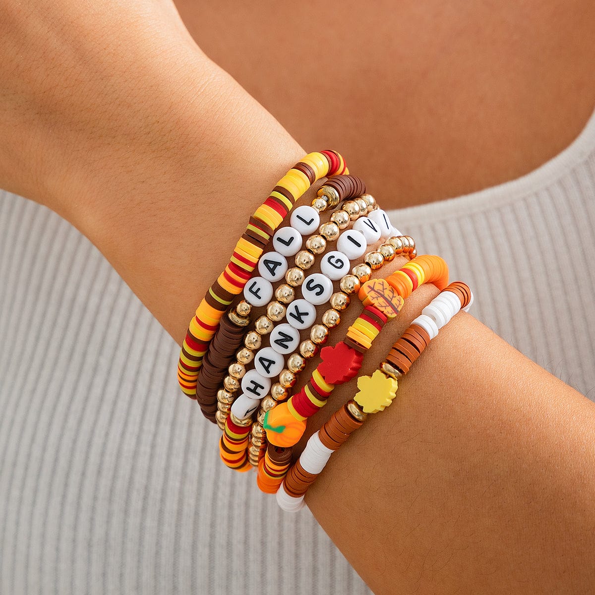 Thanksgiving 5pcs Maple Leaf Pumpkin Charm Letter Polymer Clay Beaded Bracelet Set - ArtGalleryZen