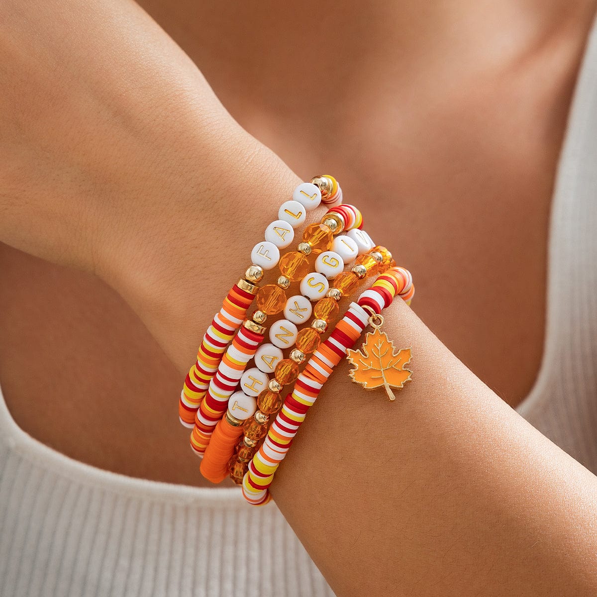 Thanksgiving Layered Maple Leaf Charm Letter Crystal Beaded Stackable Bracelet Set - ArtGalleryZen