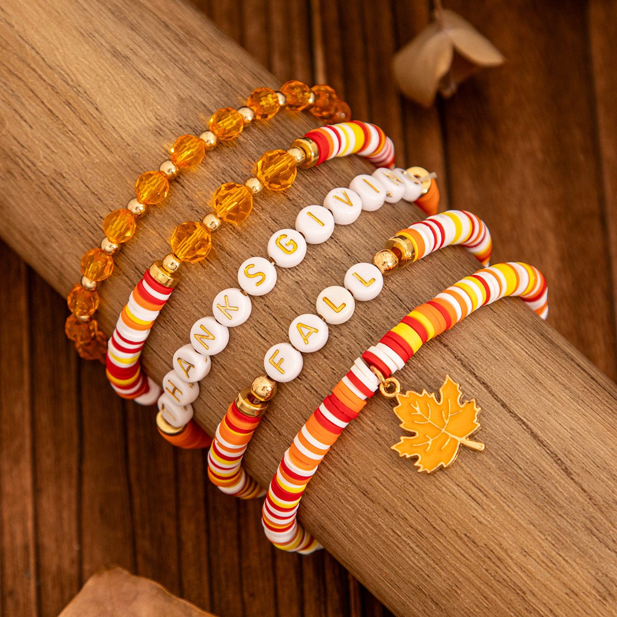 Thanksgiving Layered Maple Leaf Charm Letter Crystal Beaded Stackable Bracelet Set - ArtGalleryZen