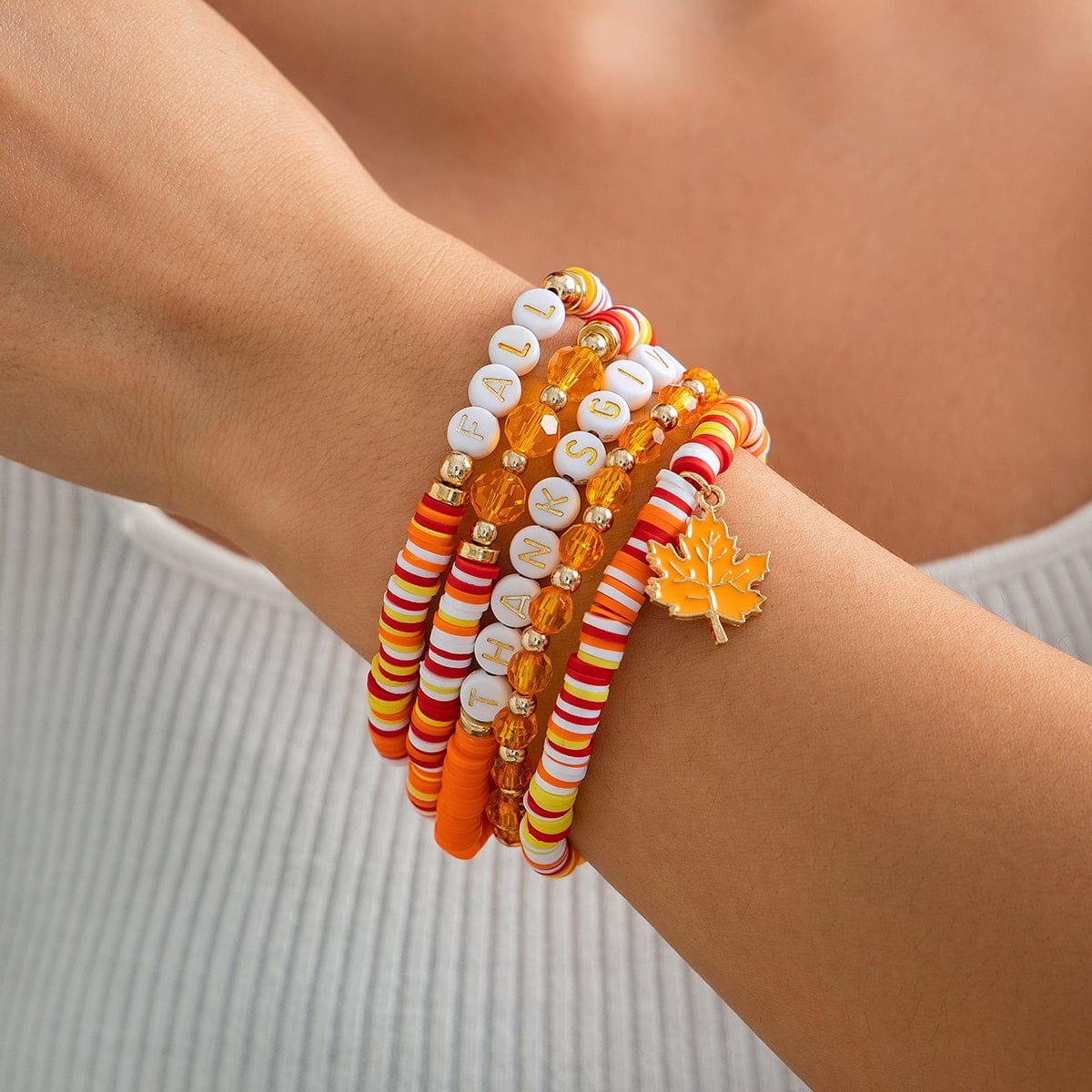 Thanksgiving Layered Maple Leaf Charm Letter Crystal Beaded Stackable Bracelet Set - ArtGalleryZen