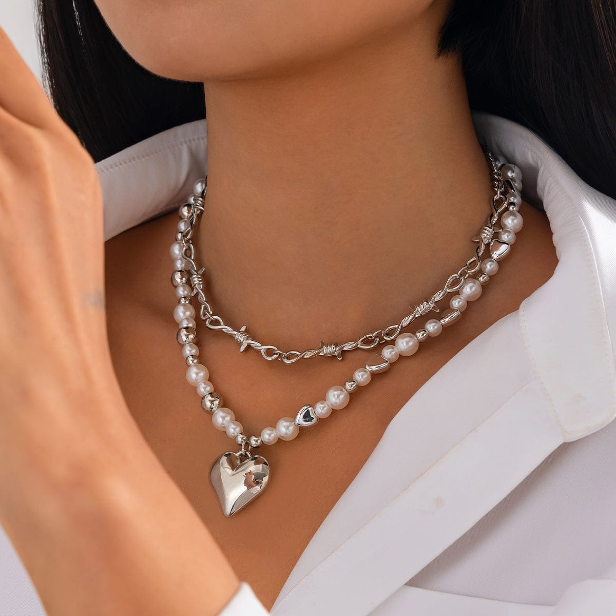 Trendy 2pcs Gold Silver Plated Heart Pendant Pearl Necklace Set - ArtGalleryZen