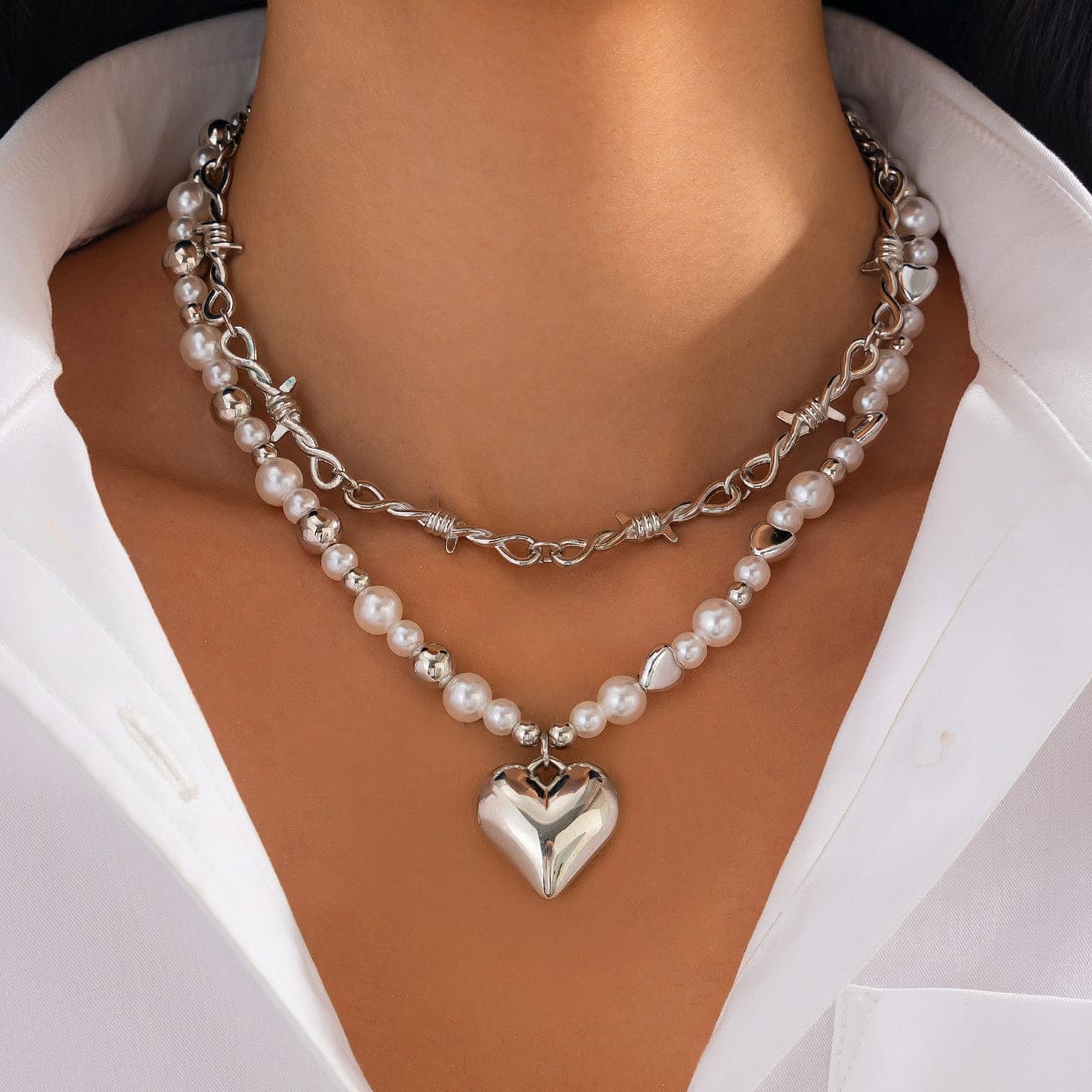Trendy 2pcs Gold Silver Plated Heart Pendant Pearl Necklace Set - ArtGalleryZen