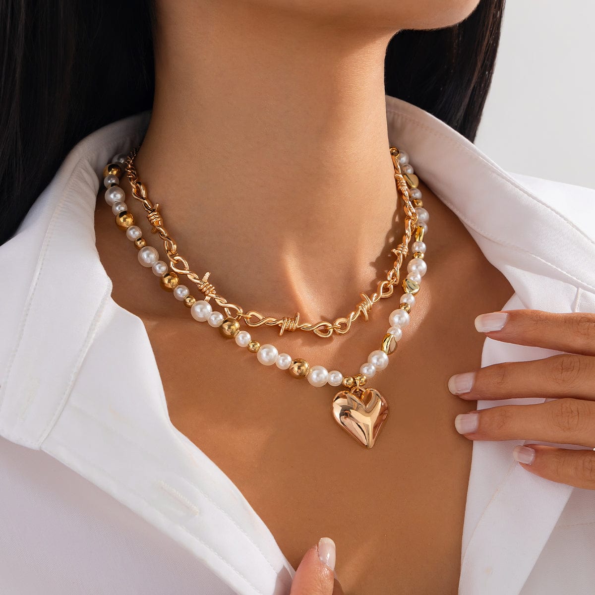 Trendy 2pcs Gold Silver Plated Heart Pendant Pearl Necklace Set - ArtGalleryZen