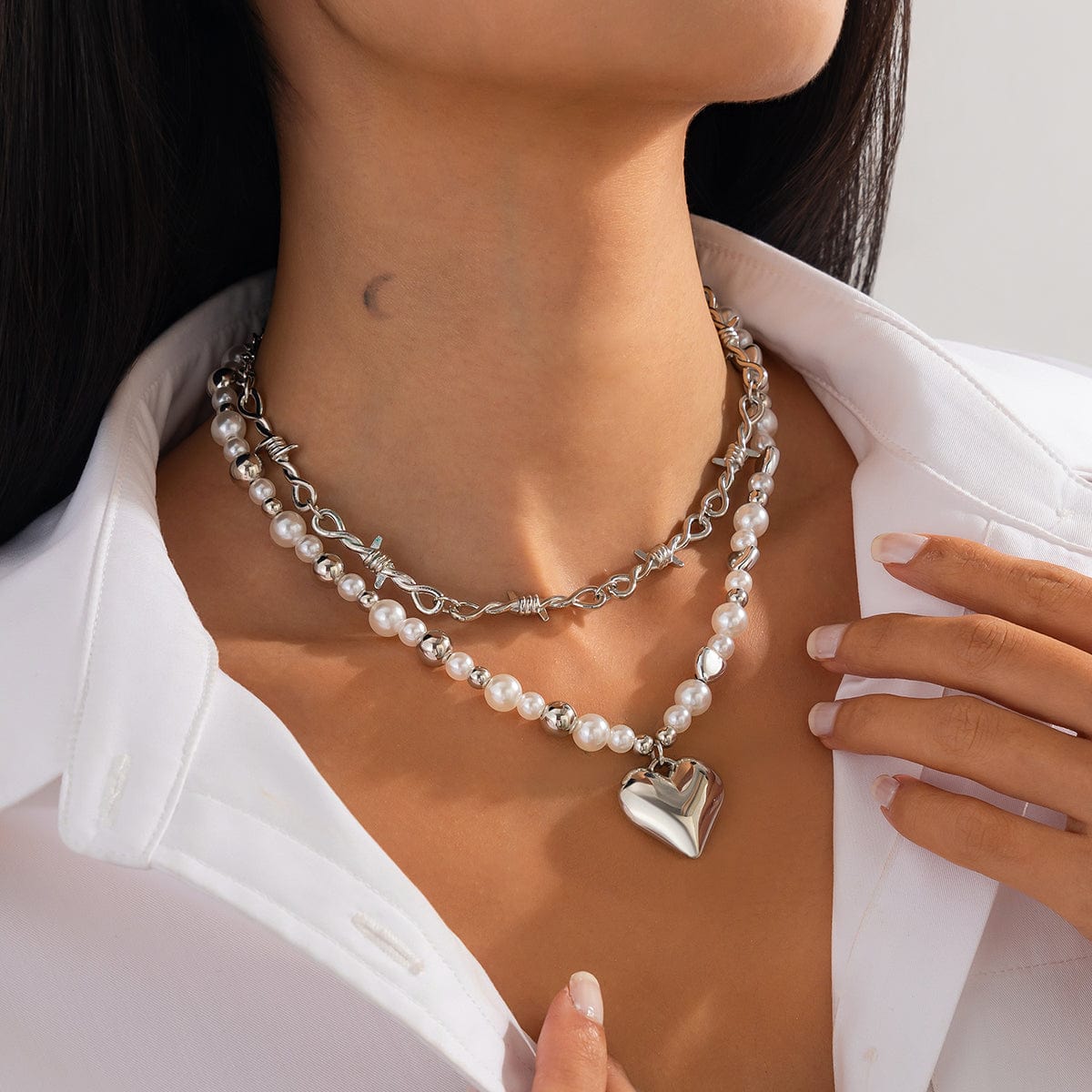 Trendy 2pcs Gold Silver Plated Heart Pendant Pearl Necklace Set - ArtGalleryZen