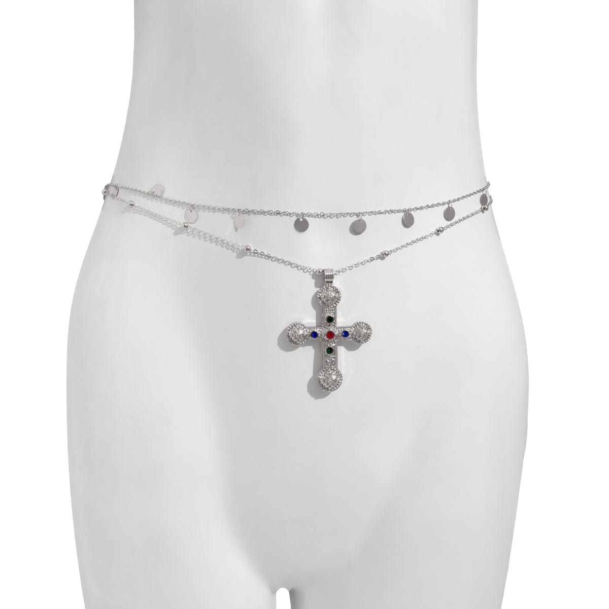 Trendy 2pcs Rhinestone Inlaid Cross Pendant Sequin Tassel Belly Chain Set - ArtGalleryZen