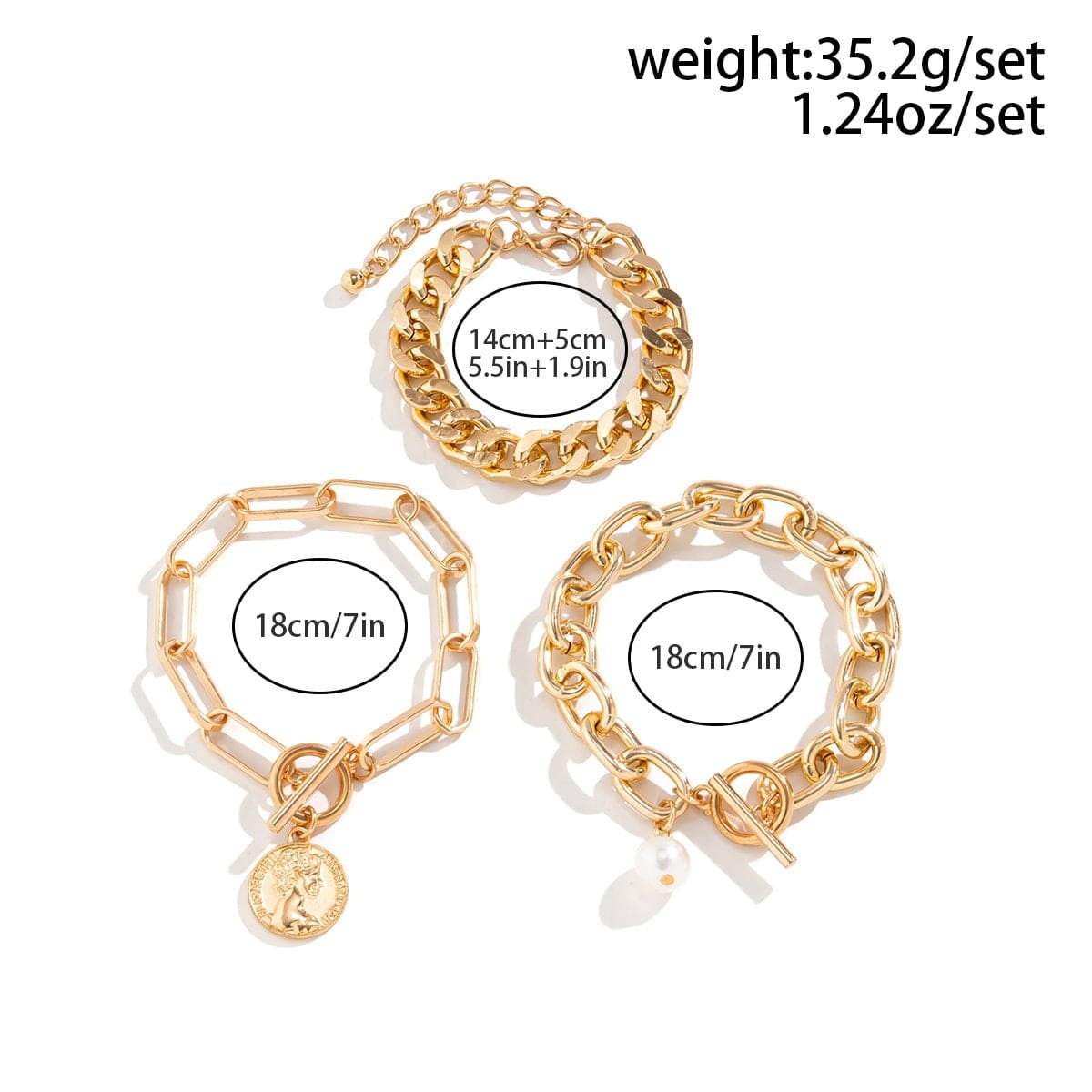 Trendy 3 Pieces Toggle Clasp Round Disk Pearl Charm Bracelet Set - ArtGalleryZen