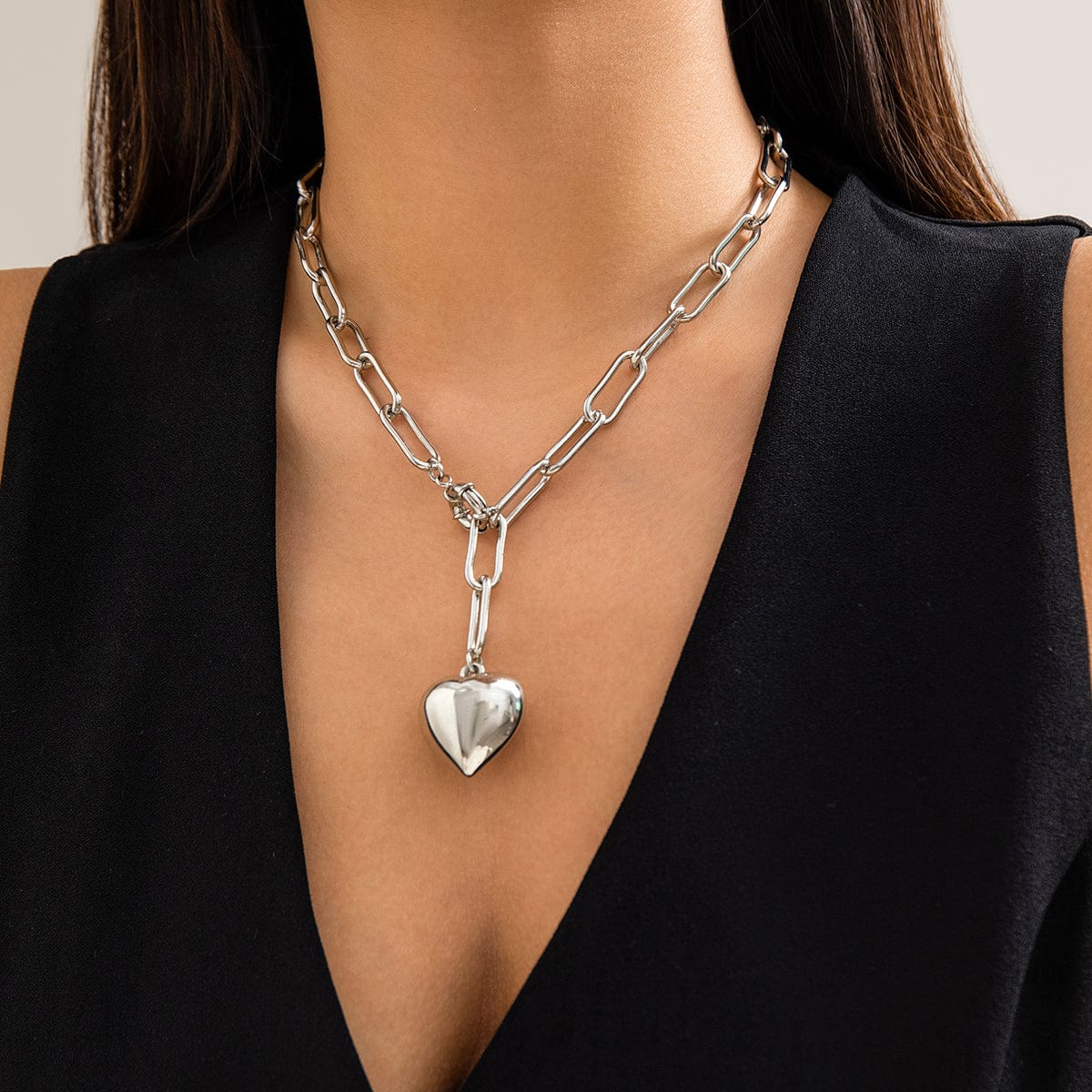 Trendy Chunky Heart Pendant Cable Chain Necklace - ArtGalleryZen